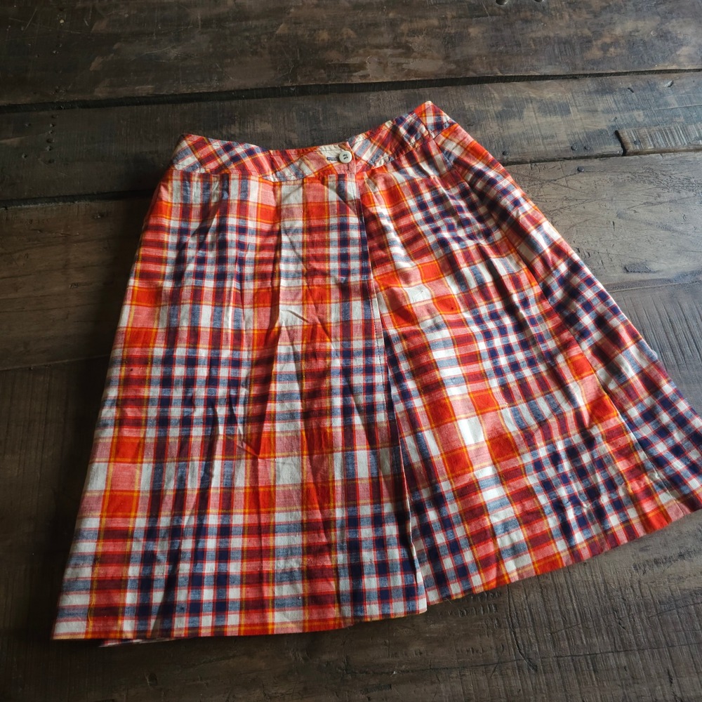 Vintage Austin Hill Plaid Skort Orange Red Navy Blue Tartan Wrap Pleated 1960s